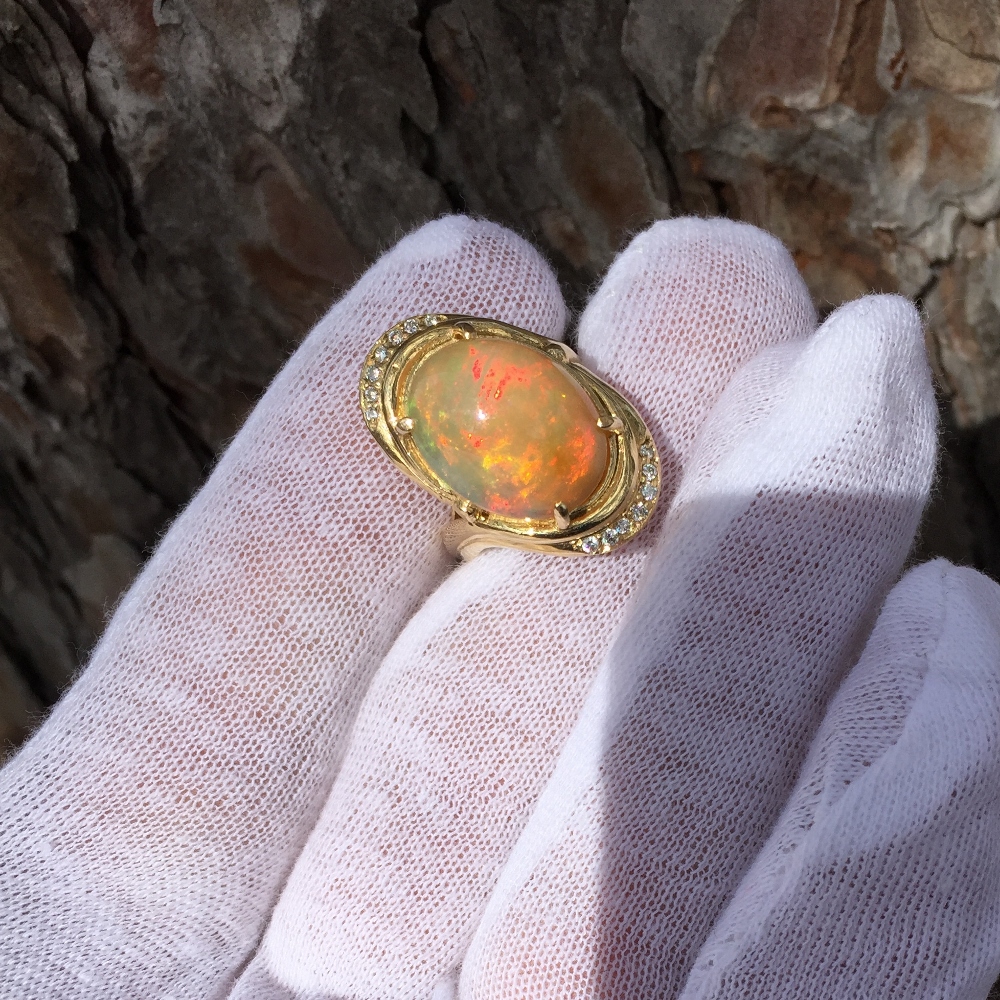 Estate Quality Big and Fiery Mexican Opal and Diamond Ring 14K Gold Litnon.com
