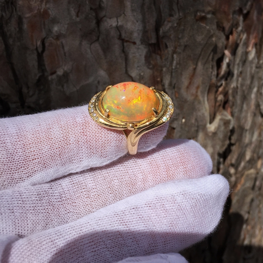 Estate Quality Big and Fiery Mexican Opal and Diamond Ring 14K Gold Litnon.com