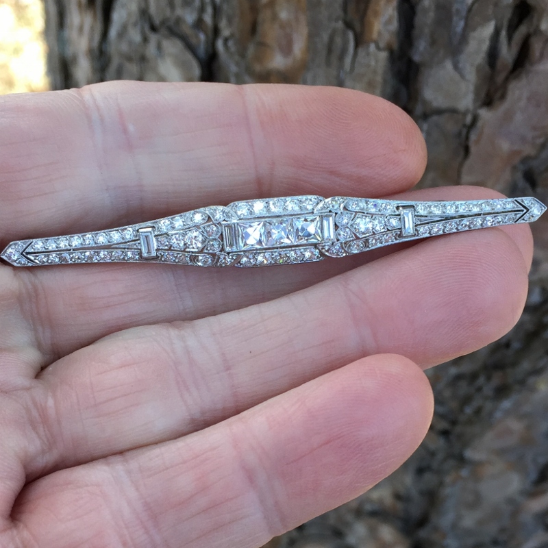  Art Deco Platinum and 18 kt Diamond Brooch French Cut Center Diamonds GLI Litnon.com