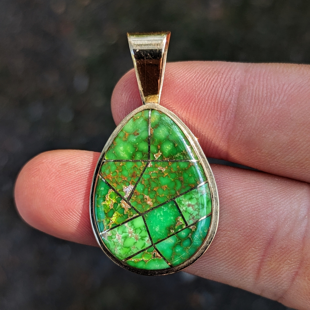 Green Copper Turquoise Pendant in 14 kt Yellow Gold Litnon.com