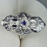 Antique 14kt Filigree White Gold Diamond and Sapphire Ring 