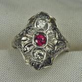 Antique Filigree Platinum Diamond and Ruby Ring 