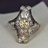 Antique 14kt Filigree White Gold Diamond and Sapphire Ring 