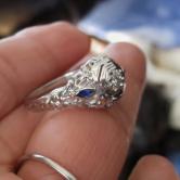 Antique 18kt White Gold Old Euro Cut Diamond and Sapphire Ring 