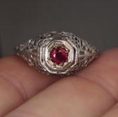 Antique 18kt Filigree White Gold Burmese Ruby Ring 
