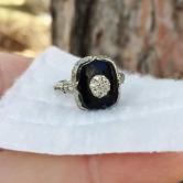 Classic 14kt Filigree White Gold Diamond and Black Onyx Ring 